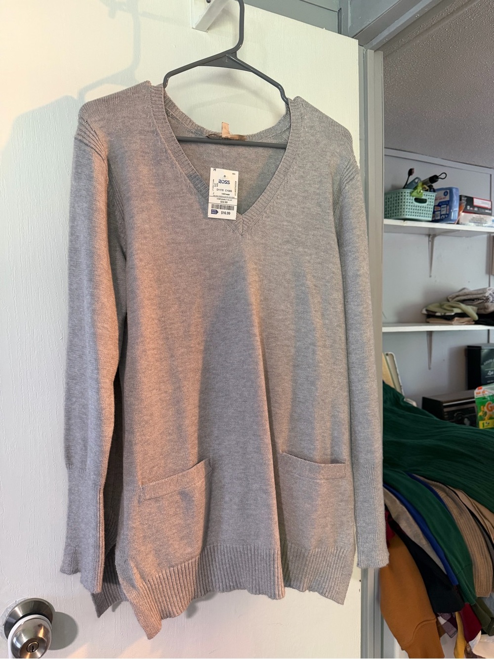 Philosophy Light Gray V-Neck Pocket Sweater